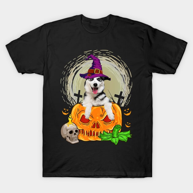 Cute Siberian Husky Witch Pumpkin Halloween Dog Lover T-Shirt by JaydeMargulies